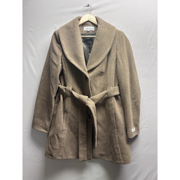 Calvin Klein Women’s 6 Wool Blend Taupe Belted Peacoat Overcoat Shawl Collar NEW - Picture 1 of 13